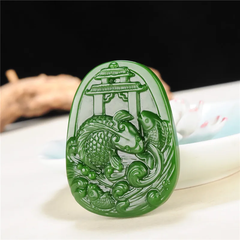 Китайский натуральный зеленый нефритовый Карп Кулон ожерелье ручной резки