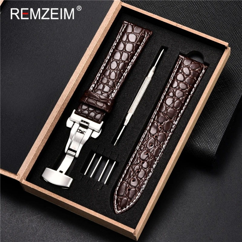 REMZEIM Calfskin Leather Watchband 18mm 19mm 20mm 21mm 22mm 24mm Women Men Leather Strap Watch Band Accessories wristband