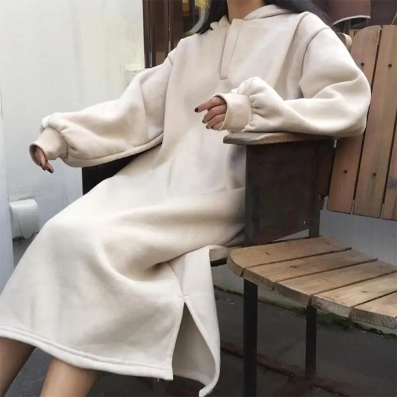 Женское осенне зимнее платье с длинным рукавом однотонное свободное флисовое