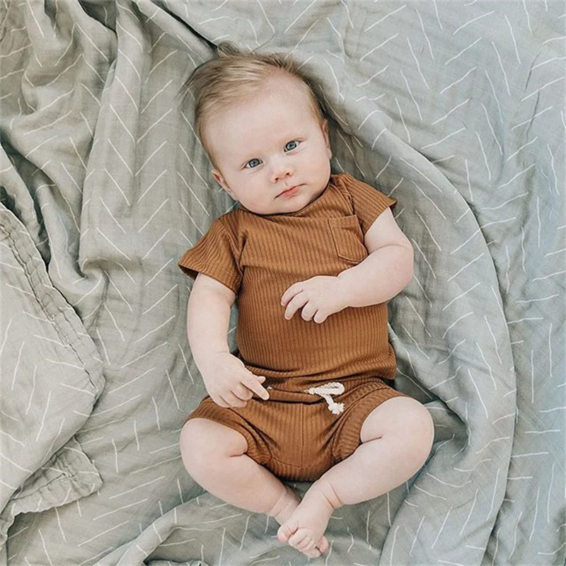 

0-24M Newborn Baby Boys Girls Clothing Set Toddlers Solid Color Short Sleeve Tops + Shorts Summer 2Pcs Suit For Birthday Party