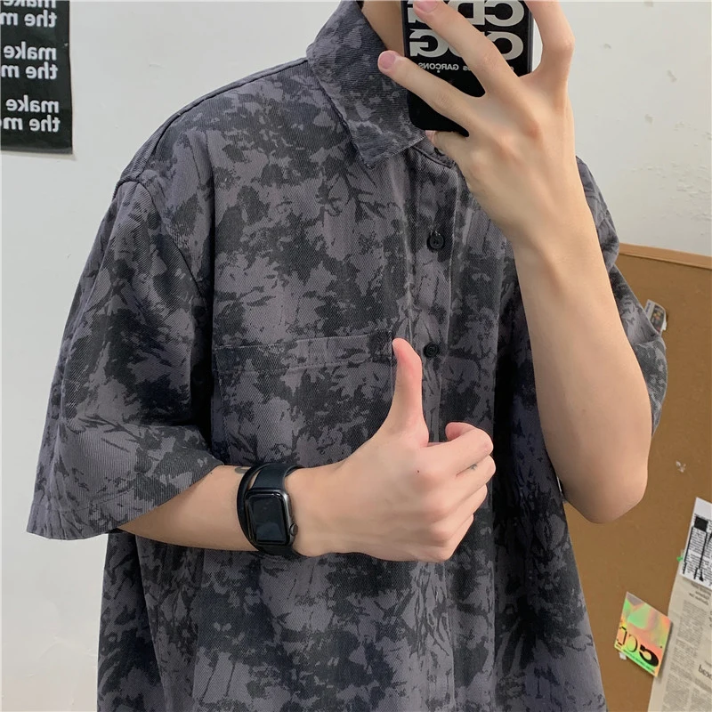 

Summer Short Sleeve Print Shirts Men Retro Harajuku BF Teenagers Handsome Hip-pop High Street Loose Beach Cozy All-match Shirt