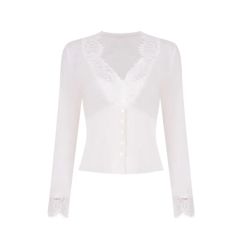 

XITAO Lace Patchwork Casual Sweater Women Trendy Fashion New Style V Neck Collar Long Sleeve Pullover Slim Button Top ZXR1096