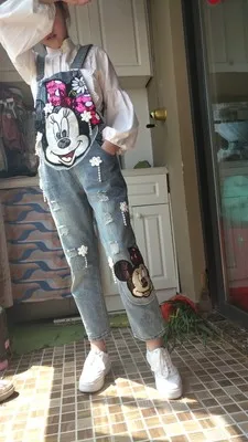 

spring Autumn Women Cartoon Print Denim Jeans Flower Pearl Patches Ripped Female jumpsuits rompers overalls mono mujer body