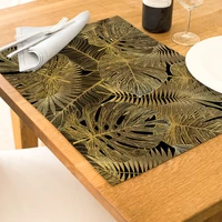 kitchen placemat plant golden leafs decorative table mats 42cmx32cm black cotton linen western placemat waterproof drink coaster