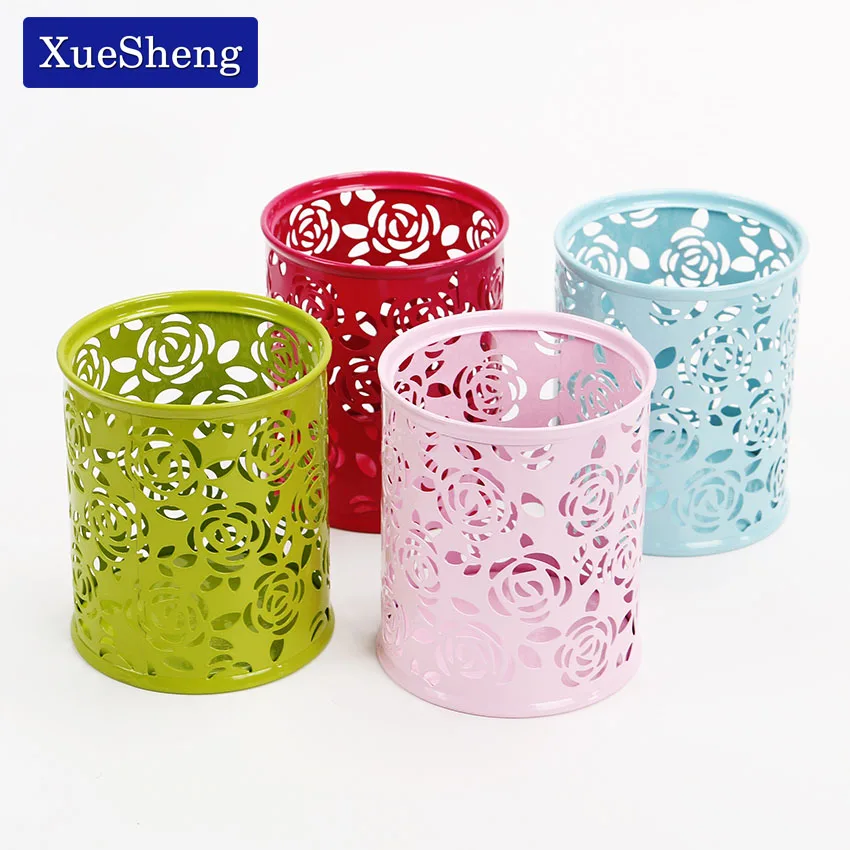 

2 PC Metal Hollow Rose Flower Design Cylinder Pen Pencil Pot Holder Storage Pen Case Office Stationary Supplies