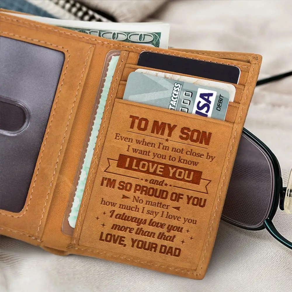 

DAD TO SON Birthday Christmas Gift Men's Boy's Wallet Wallets Engraved Genuine Leather Purse Three Fold Wallets Purses