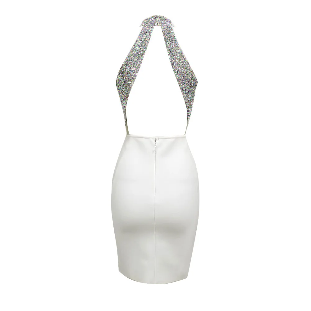 

Neckline sparkle diamond sleeveless sexy open back dress short buttock tight net red host bandage evening dress