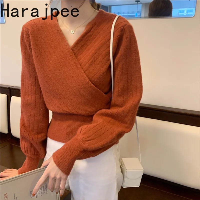 

Женский свитер с V-образным вырезом, длинным рукавом