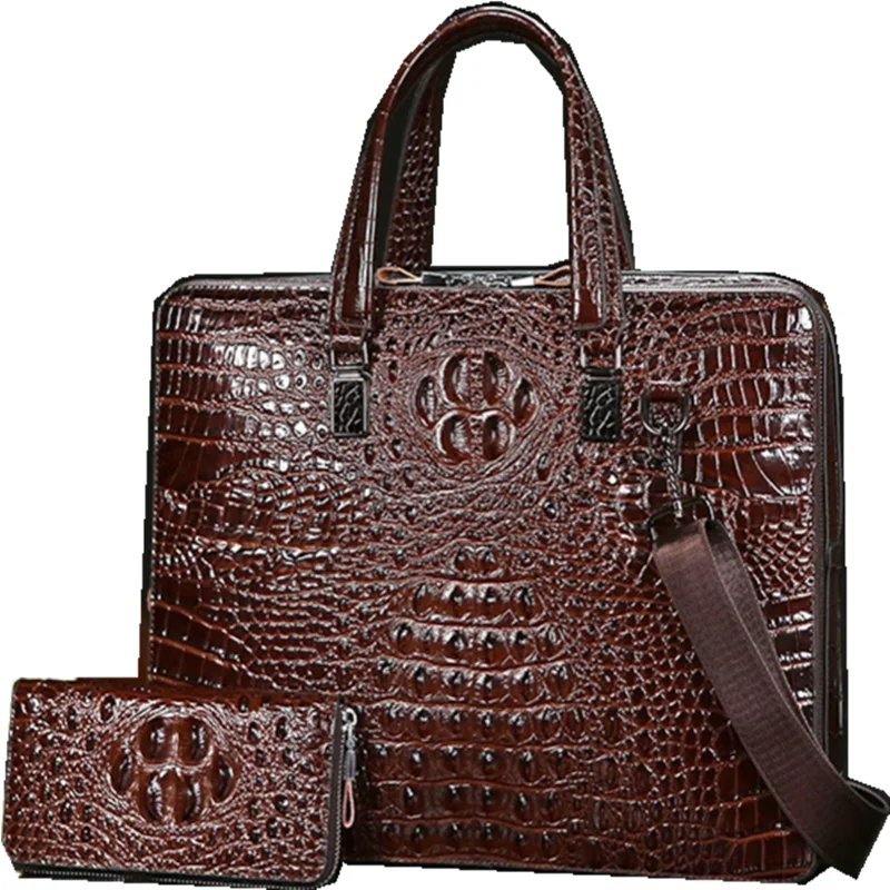 

Crocodile men briefcase top layer cowhide business bag horizontal double zipper large capacity Shoulder Bag Handbag computer bag