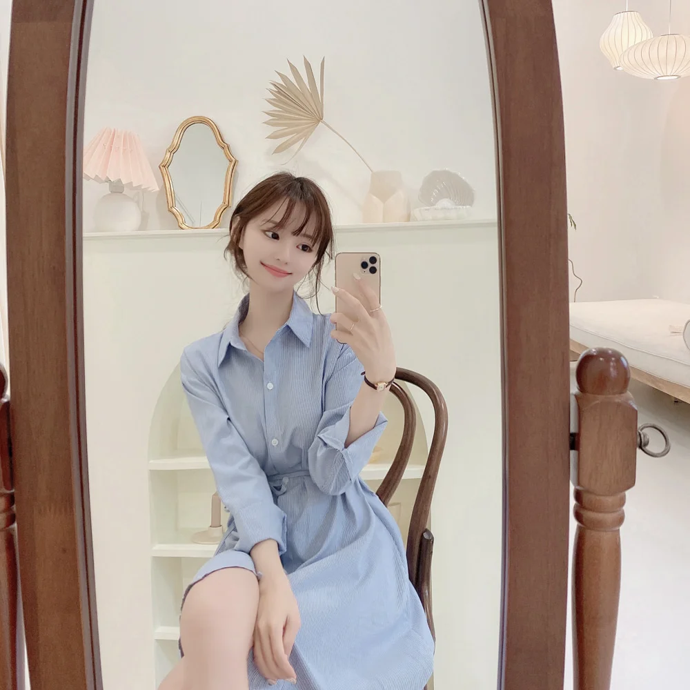 Женское платье блузка с длинным рукавом голубое в полоску во французском стиле