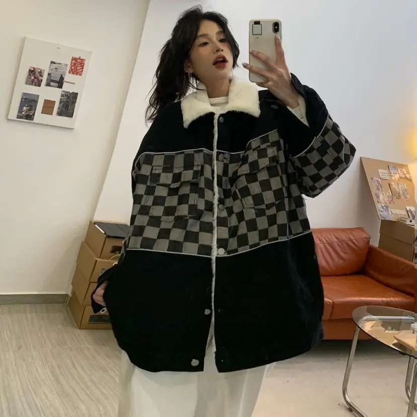 Chessboard Plaid Cotton Coat for Women 2021 New Winter Korean Style Ins Trendy Lazy and Loose Fleece-Lined Thickened