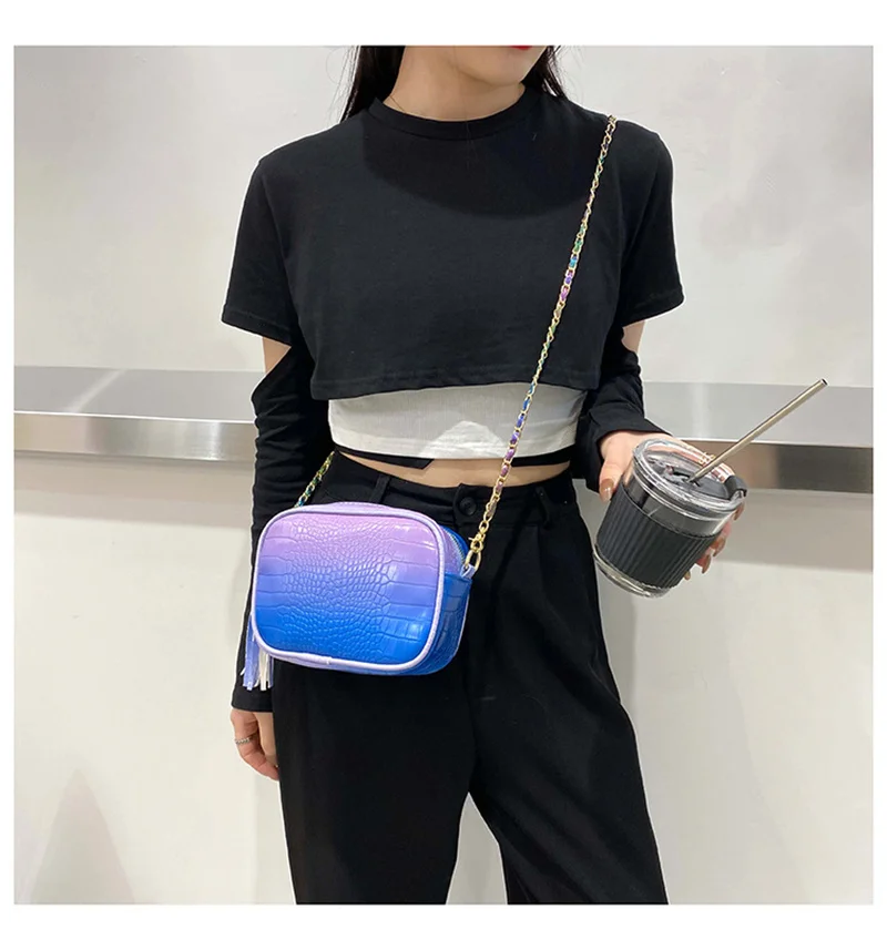 

2021 sale popular summer autumn leather shoulder bag with chain strap female flap school cross-body bag with gradient color J622