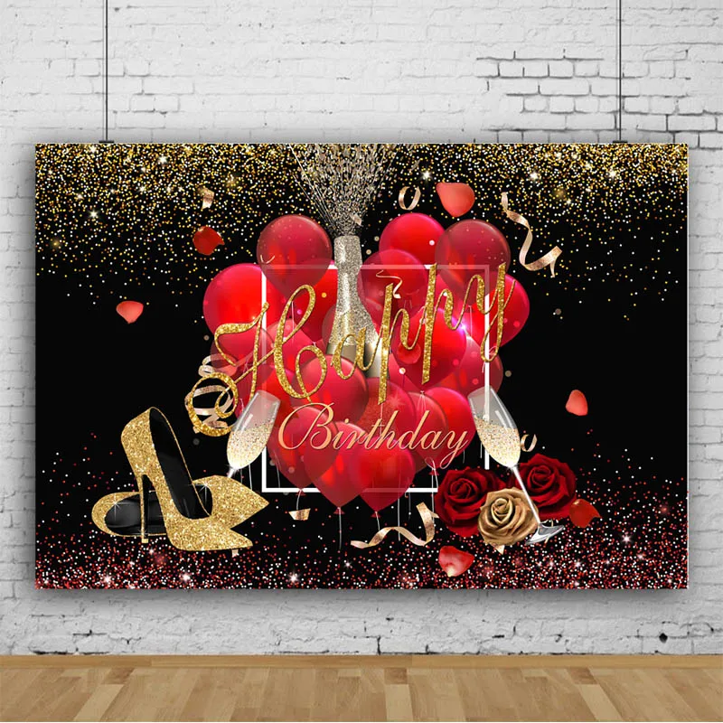 Красный воздушный шар роза цветок с днем рождения фон Золотой блеск высокий