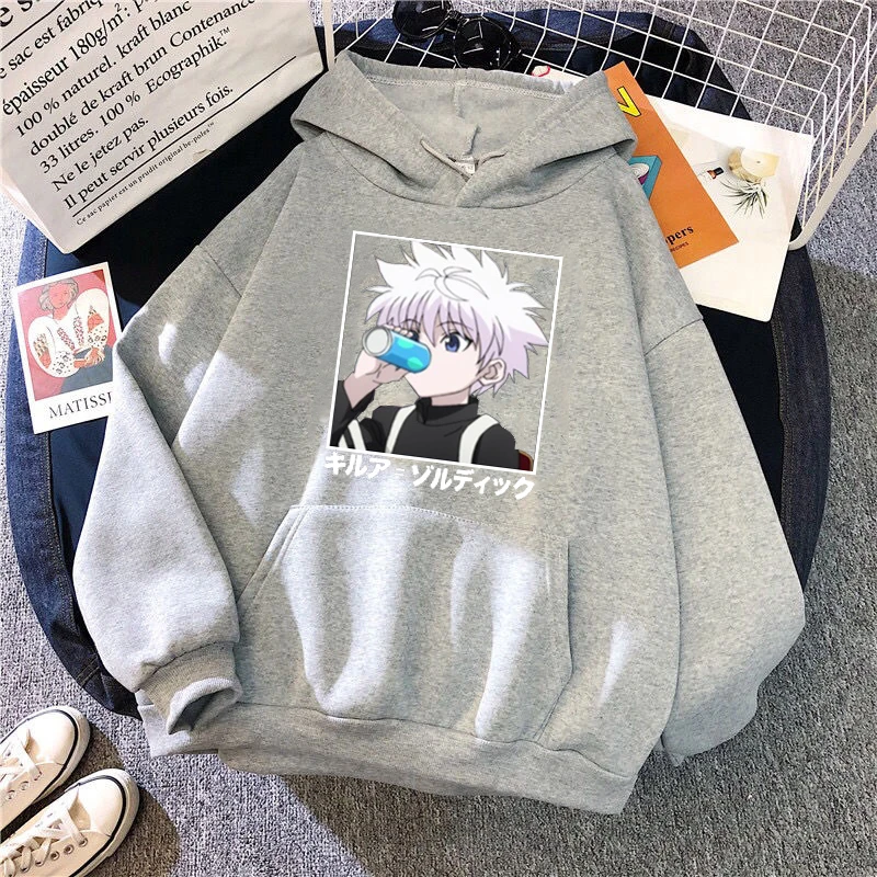 Толстовка с капюшоном Kawaii Hunter X черные худи принтом Аниме Манга топы Bluzy Женская |