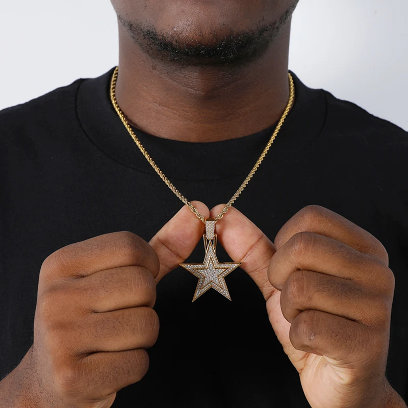 

DRIP ICE Hip Hop Iced Out Cubic Zirconia Stones Pentagram Necklace Pendant Five-pointed Star Charm Tennis Chain Jewelry