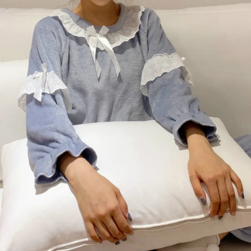 

Women Pajama Sets Winter Coral Fleece Simple Patchwork Lace Bow Home Wear Female Long Sleeve Warm Fashion Sweet Lovely Ins Chic