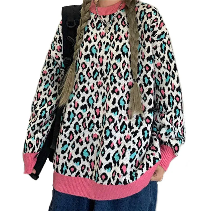 

2021 Autumn Women Colorful Leopard Printed Sweatshirts High Street Long Sleeves Knit Edge Hoodies Casual Loose Pullover Tops