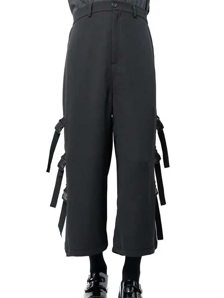 

Men's casual pants wide leg trousers skirt pants school bag buckle multi-button original