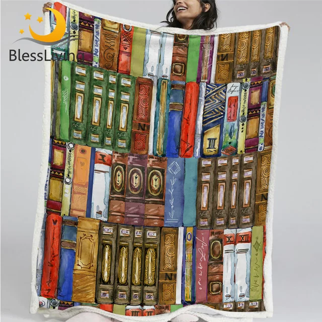 BlessLiving Books Printed Furry Blanket Watercolor Custom Blanket Colorful Sherpa Fleece Blanket Modern Throw Blanket Cobertor 1