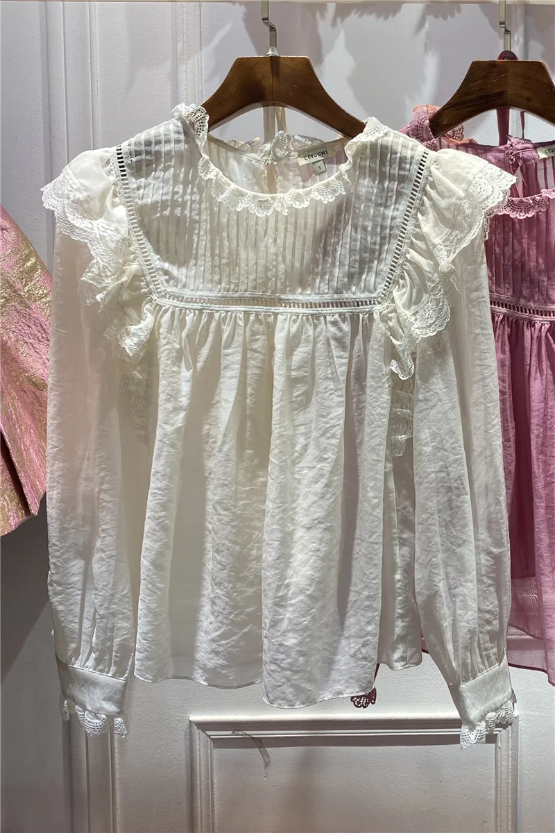 

European women's spring 2021 new lace ruffles splicing cotton long sleeve shirt two sets