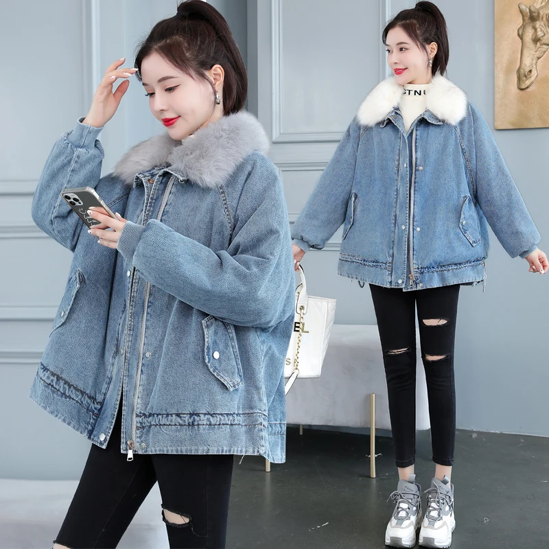 

2021 New Winter Clothes Fleece-Lined Denim Parka Cotton-Padded Jacket Women's Short Korean-Style Loose Big Fur Collar Workwear