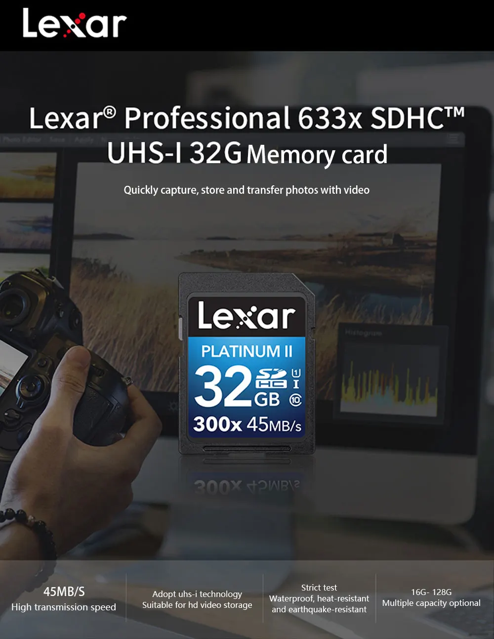 Lexar камера; sd-карта Platinum II 300x SDHC 16 Гб UHS-I/U1 до 45 МБ/с. читать флэш-память для видео высокой четкости, Прямая поставка