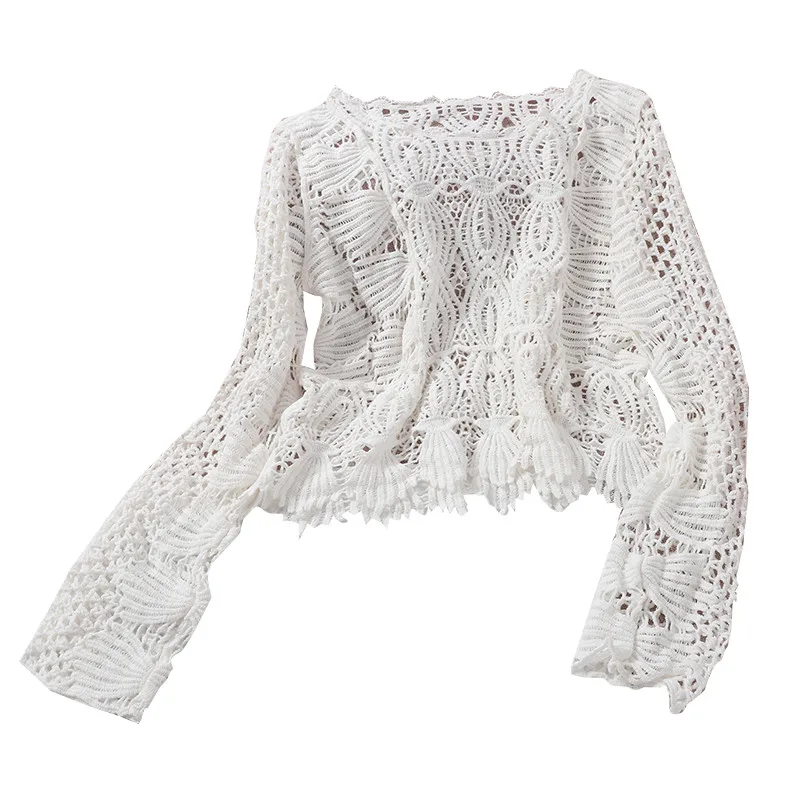 

Round Neck Sexy Hollow Knitted Pullover for Women 2021 Spring Summer New Solid Color Long Sleeve Sun Protection Top Pull Femme