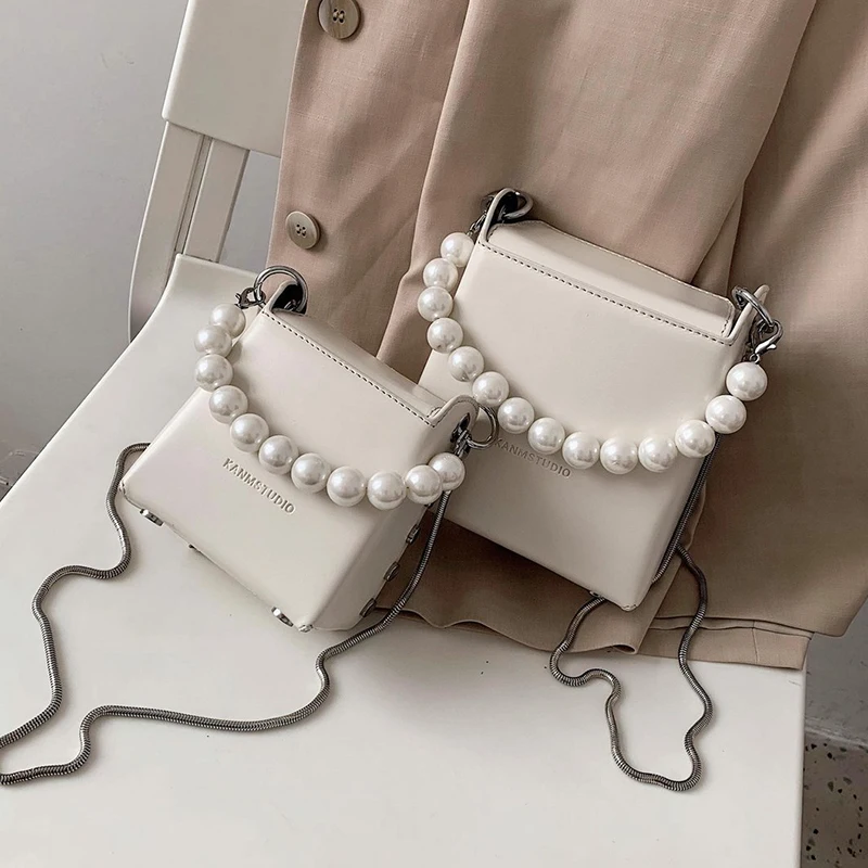 

Mini Pearl Design Crossbody Bags For Women 2020 Summer Simple Box Shape Shoulder Handbags Female Travel Cross Body Bag