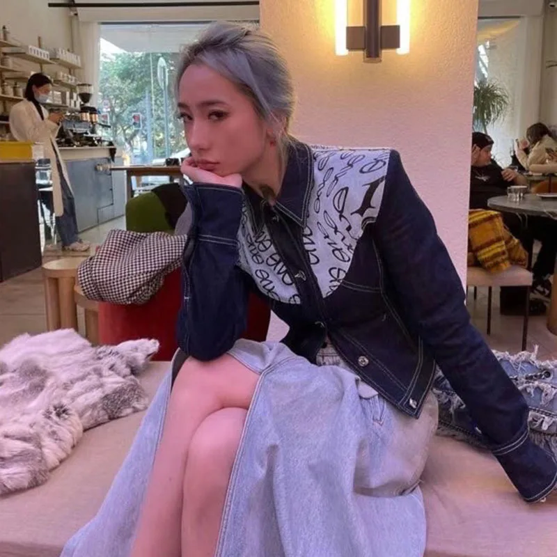 

CHICEVER Casual Print Hit Color Denim Coat For Women Lapel Long Sleeve Single Breasted Straight Jackets Female Spring 2021 Style