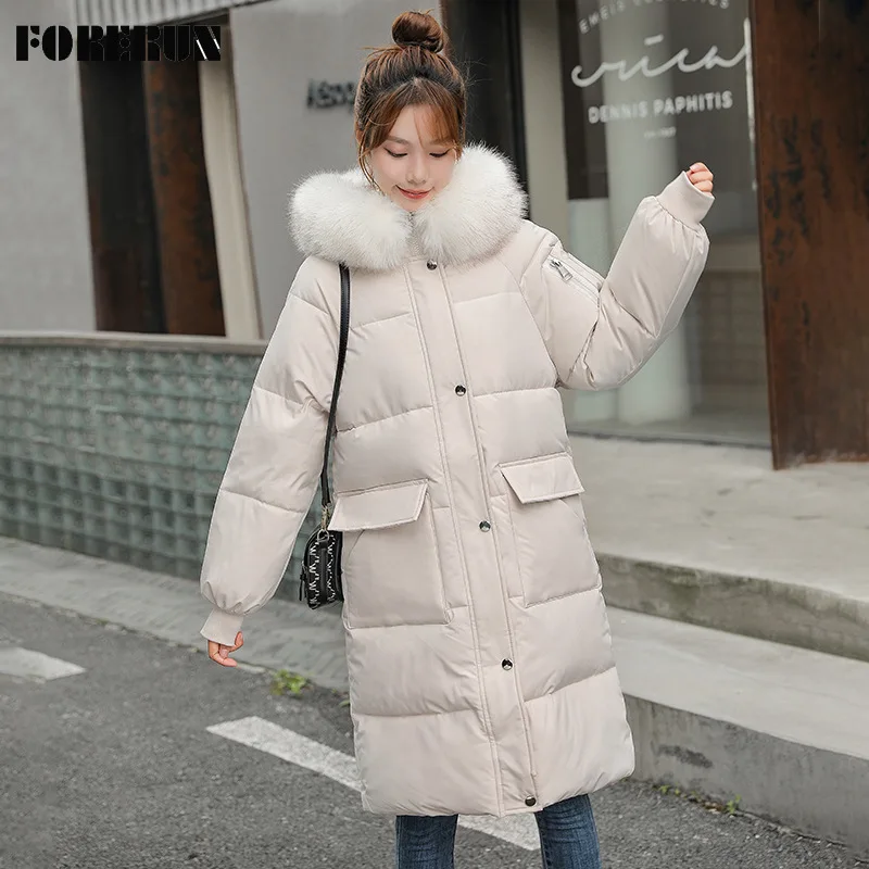 

FORERUN/Длинные парки для женщин с капюшоном и меховым воротником, повседневные, с хлопковой подкладкой, теплые, корейские, модные, женские, зим...