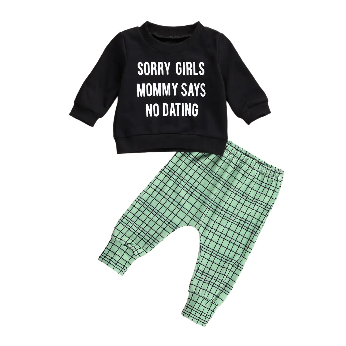 

2020 Autumn Spring Little Girl’s Long-sleeved Trousers Suit Unique Letter T-shirt and Elastic Plaid Pattern Long Pants 0-4Years