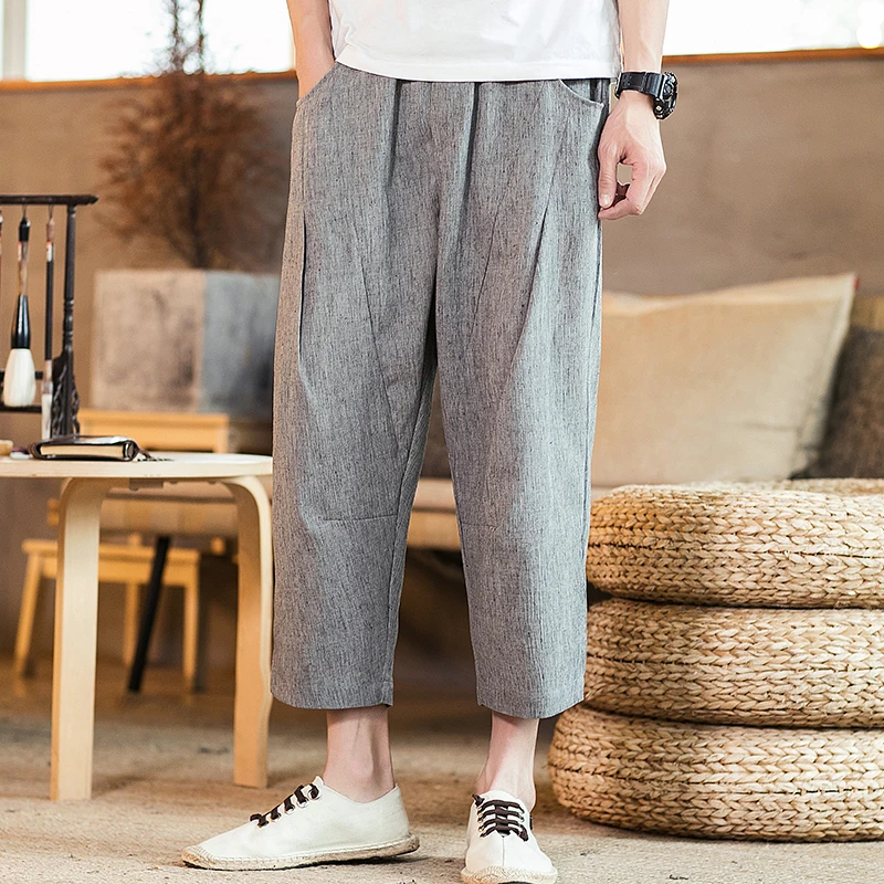 

2021 New Fashion Men Casual Harem Pants Summer Trousers Mens Cotton Linen Pants Male Chinese Style Solid Calf-length Pants 5XL
