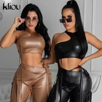 kliou ribbons cut out crop top women 2021 pu solid faux leather skinny sleeveless backless sexy club party street style outfit