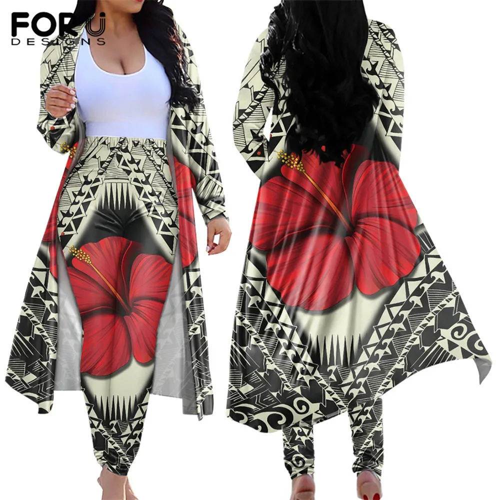 

FORUDESIGNS Polynesian Stripes and Hibiscus Flowers Women's 2 pcs/set Long Sleeved Cardigan Bodycon High Waist Long Pants Suits