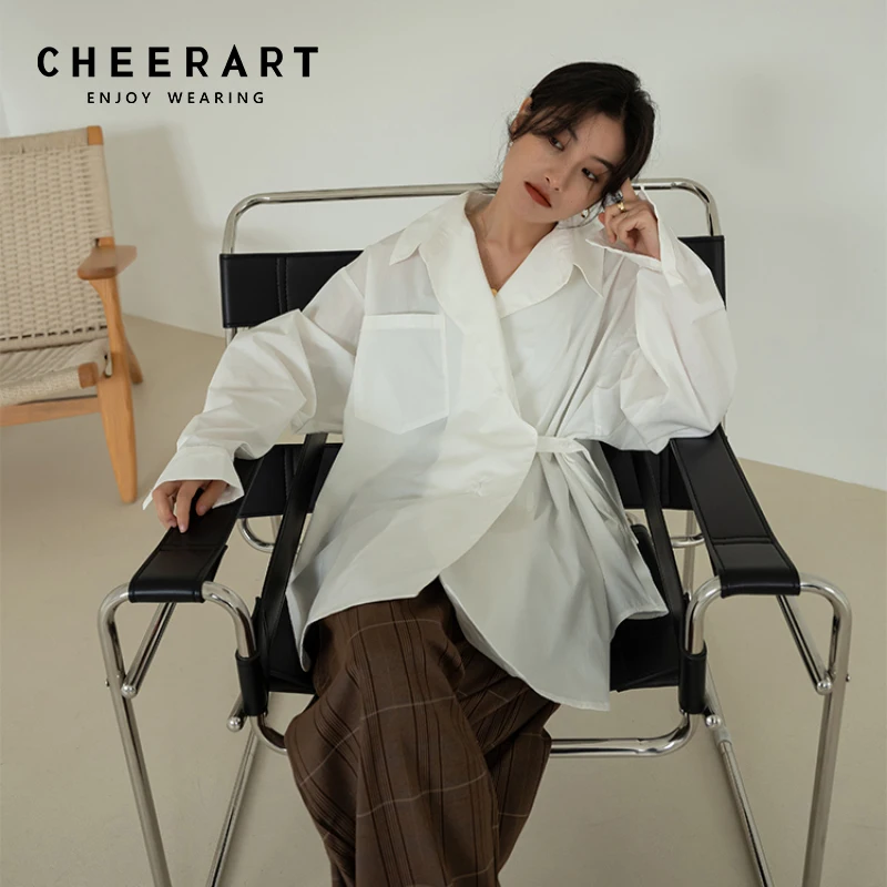 

CHEERART Fall 2021 Womens Fashion Oversized Shirt Long Sleeve Top Button Up Loose Shirt Korean Fashion White Blue Shirt Blouse