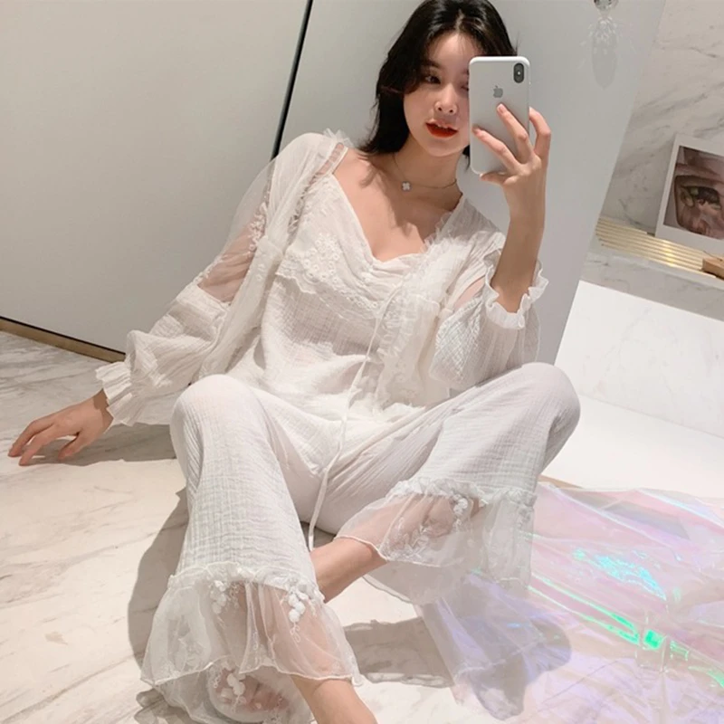 Пижама для женщин из 100% хлопка ночная рубашка в стиле корта девочек кружевной