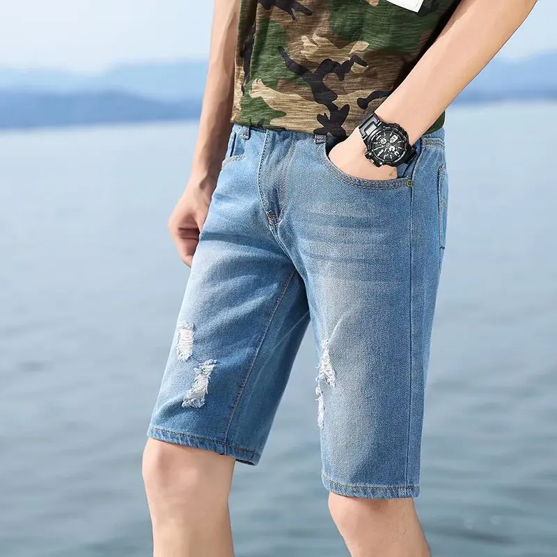 

Summer Pop Men's Stretch Hole Short Jeans Vogue Casual Slim Fit High Quality Elastic Ripped Denim Shorts Male