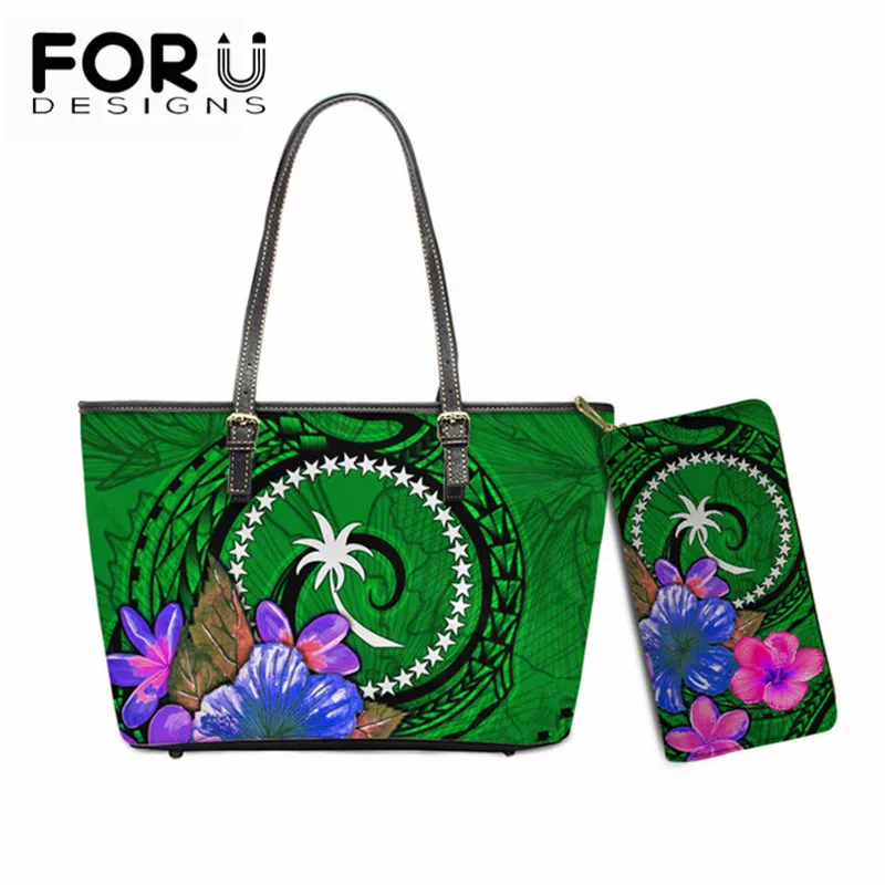 

FORUDESIGNS Women Fashion Handbags Clutch Purse Chuuk Hawaiian Plumeria Print High Quality PU Leather Handbag Set Bolsa Feminina