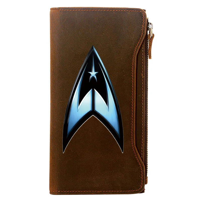 

Classic Cool Starfleet Command Printing Genuine Leather Wallet Men Long Purse With Phone Bag Zipper Card Holder Clutch