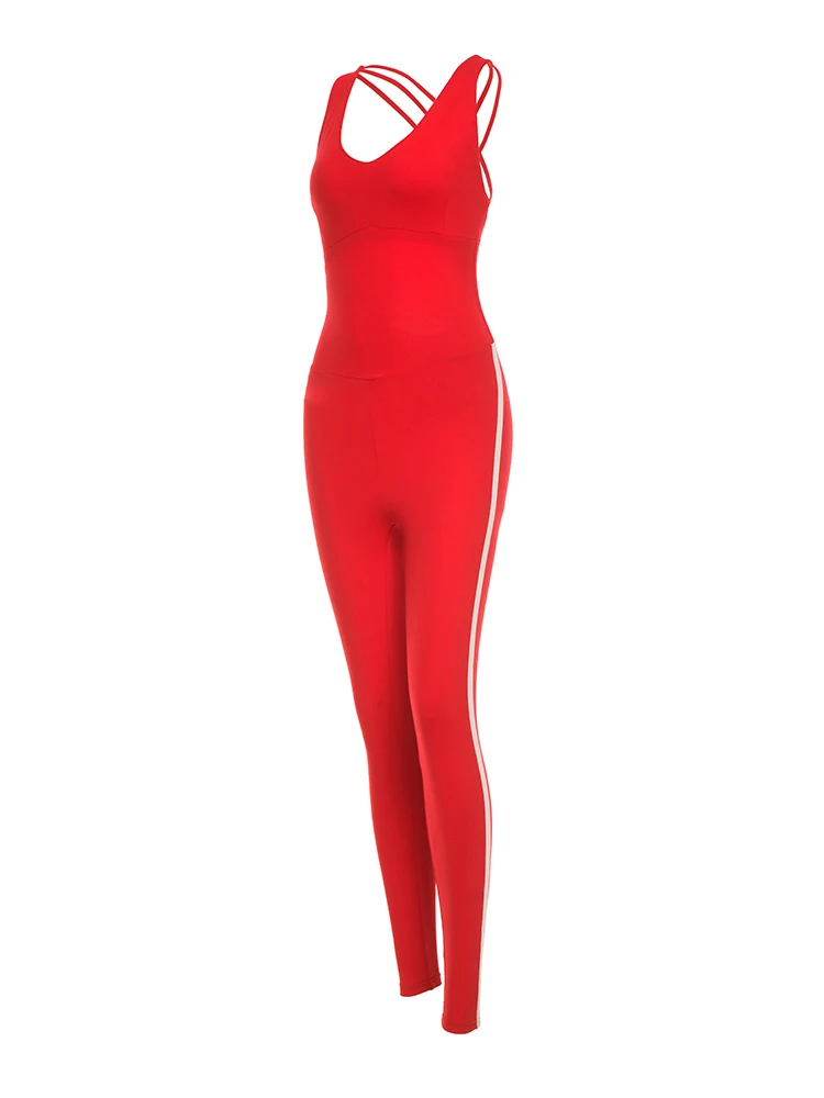 

Sleeveless One Piece Jumpsuit Backless Cross Strappy Yoga Bodysuit High Waist Stretchy Scrunch Leggings Side Stripes Sportswear