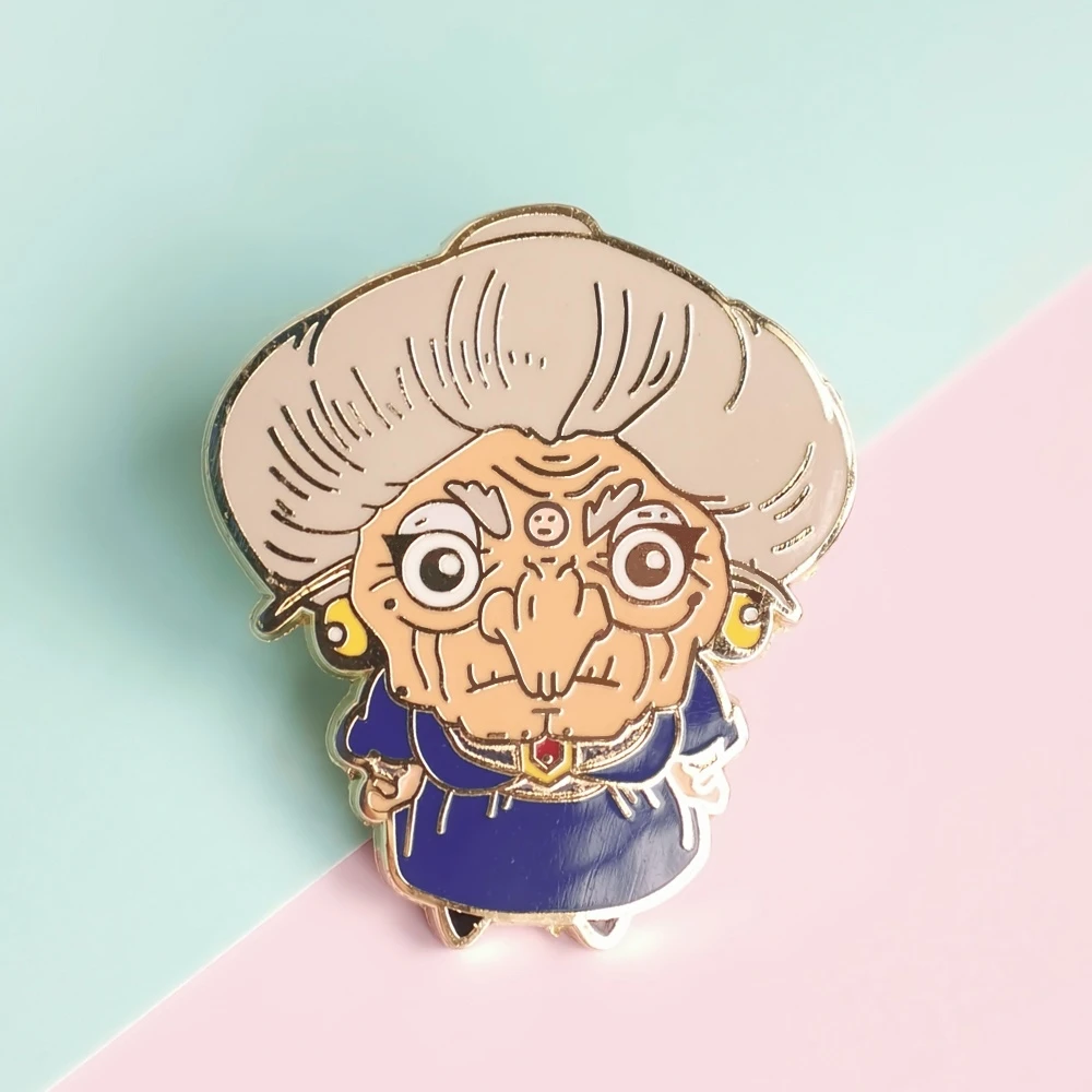 

Cute Spirited Away Grandma Hard Enamel Pin Cartoon Mysterious Witch Medal Brooch Anime Movie Fan Art Collectible Gift