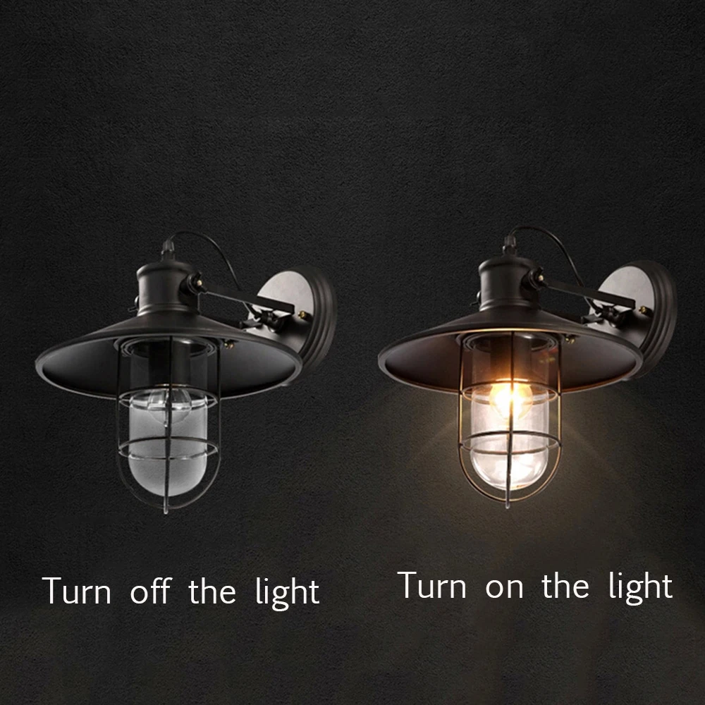 Винтажный промышленный настенный светильник со стеклянным абажуром черный