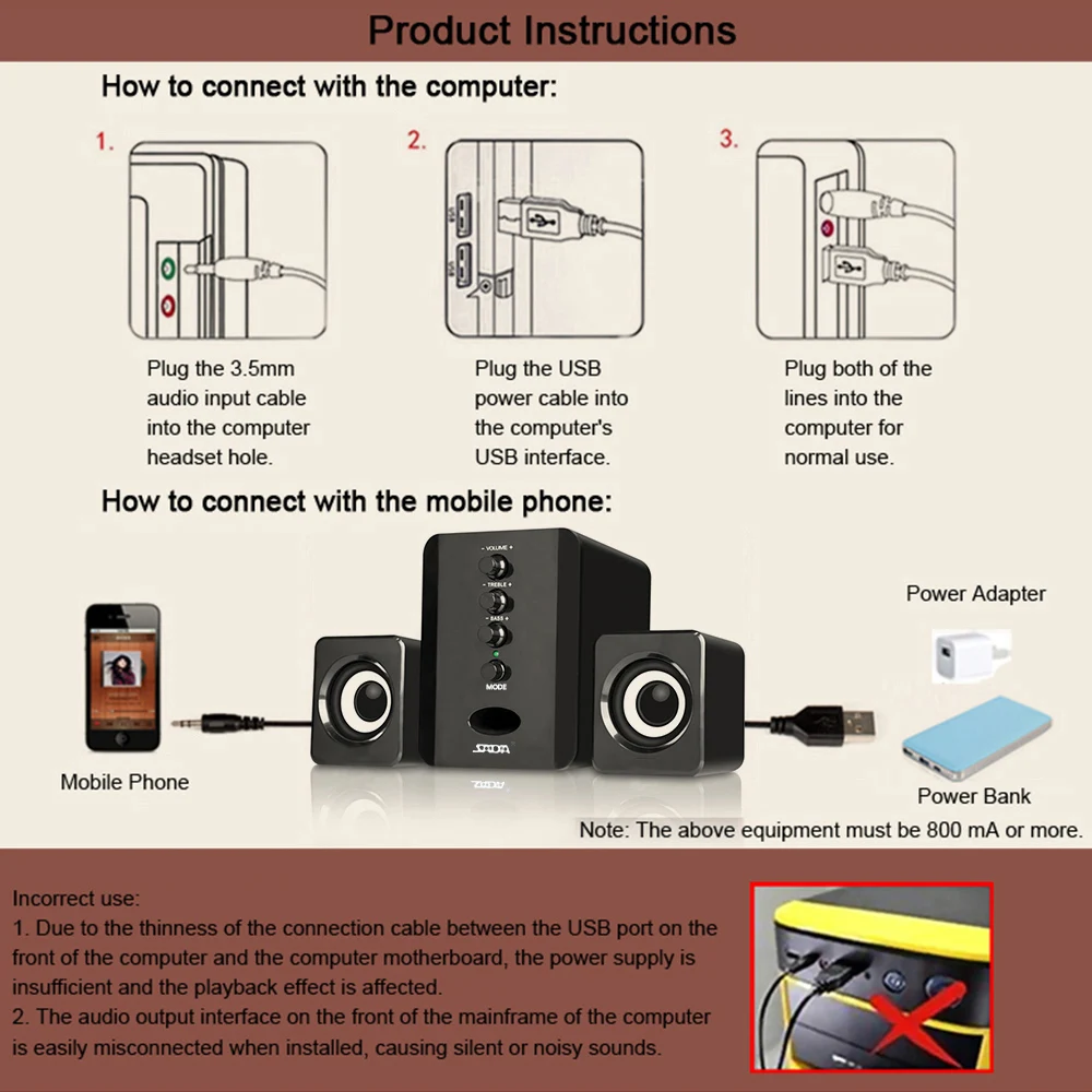 SADA D-202 комбинированные колонки USB проводные компьютерные бас стерео музыкальный