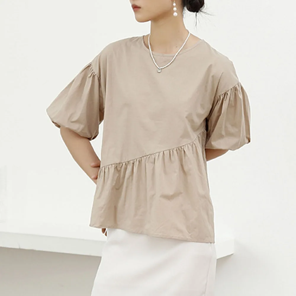 

Summer 2021 Korean Fashion Women's Solid Color Simplicity New Folds Round Neck Lantern Sleeve Blouse Japanese Style