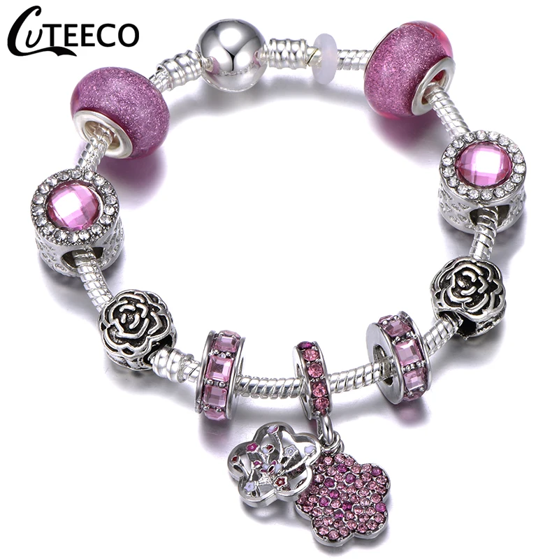 CUTEECO 925, модный серебряный браслет с шармами, браслет для женщин, Хрустальный цветок, сказочный шарик, подходит для брендовых браслетов, ювелирные изделия, браслеты - Окраска металла: AJ3193
