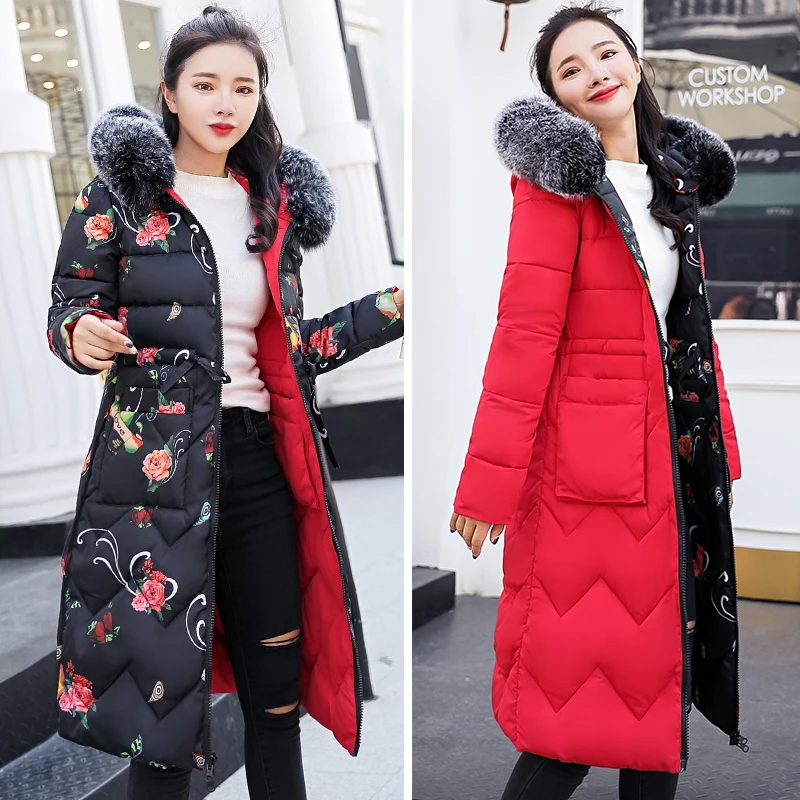 Two Sides Women Winter Jacket With Fur Long Padded Warm Coat Parka