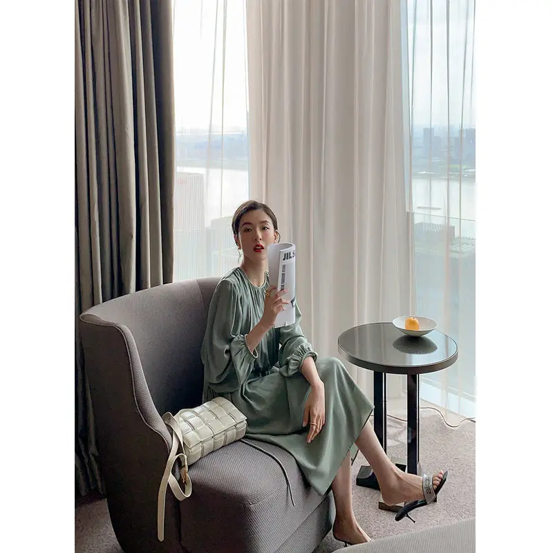 

korean style elegant ladies ankle-length green spring dress elegant solid color female dress