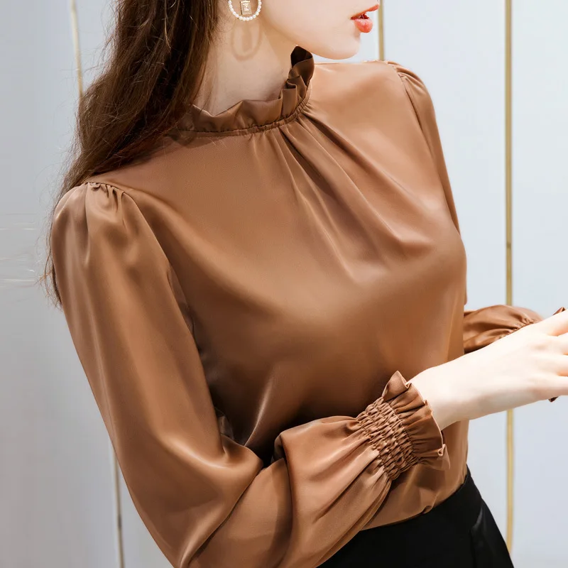 

Women's 2021 new French silky Satin Ruffle Top with flared sleeves