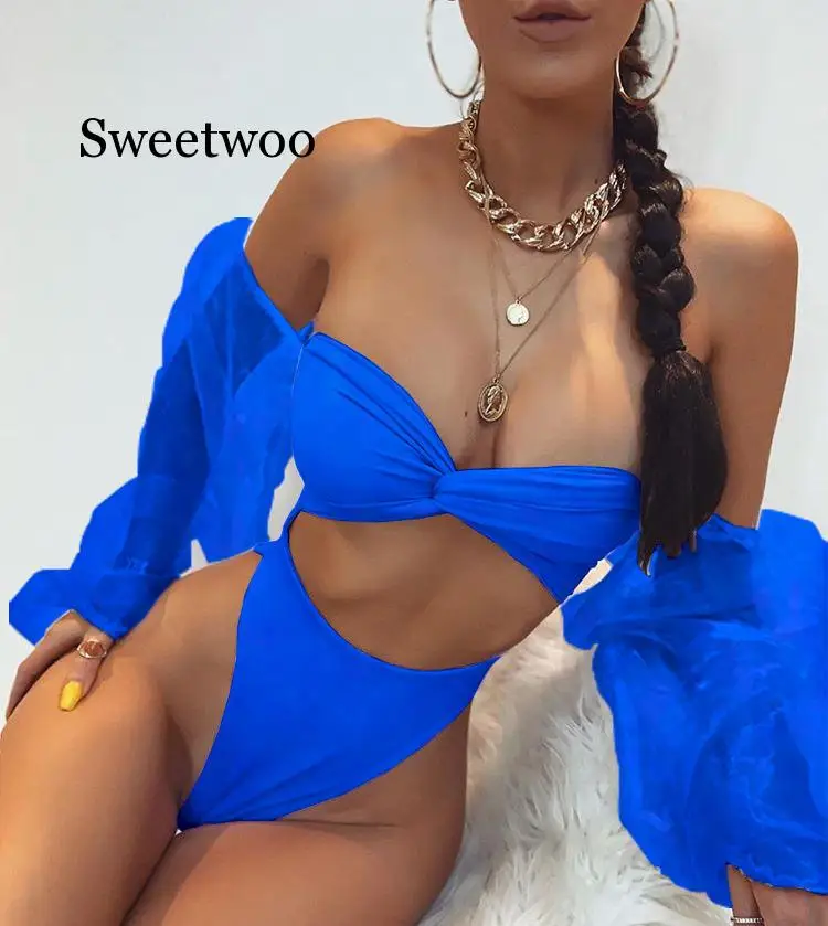 Женский сексуальный Одноцветный шифоновый Цельный купальник с длинным рукавом