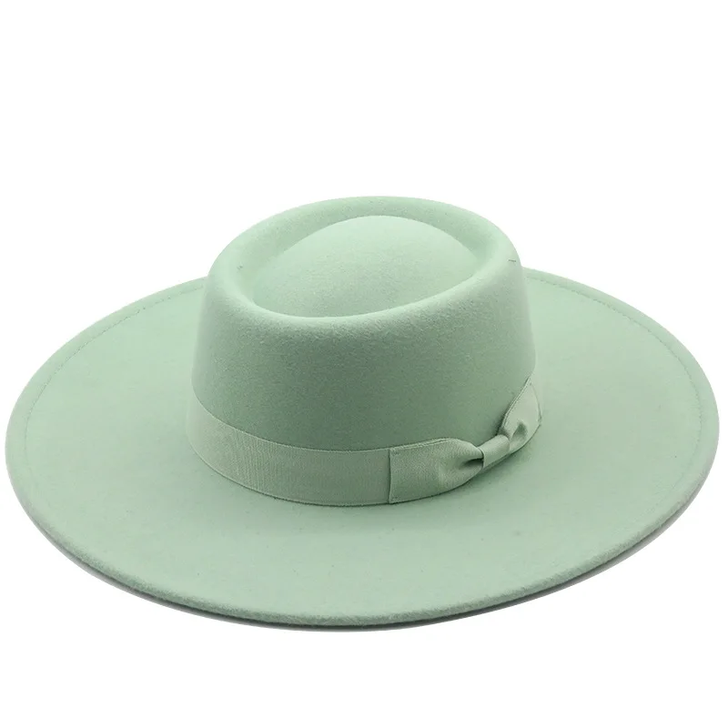 

New Wide Brim Flat Top 9.5 cm Solid Color Woolen Felt Fedora Hat for Women Men Autumn Winter Church Party Vintage Hat